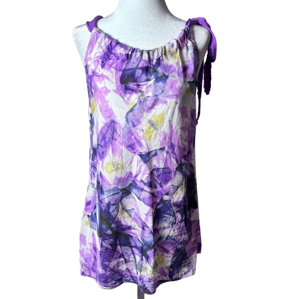 Womens S 100% Silk Purple Floral Sleeveless Halter Top With Bow Tie Strap